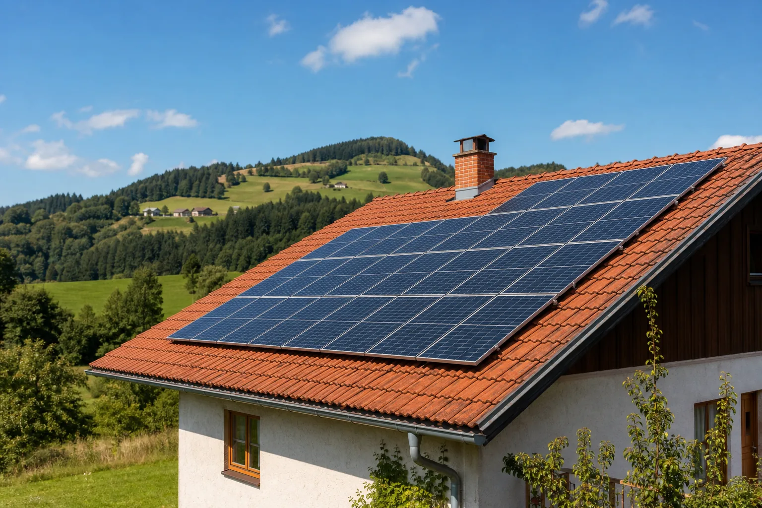 Photovoltaikmodule auf dem Ziegeldach eines Einfamilienhauses, dahinter grüne Hügel und blauer Sommerhimmel.
