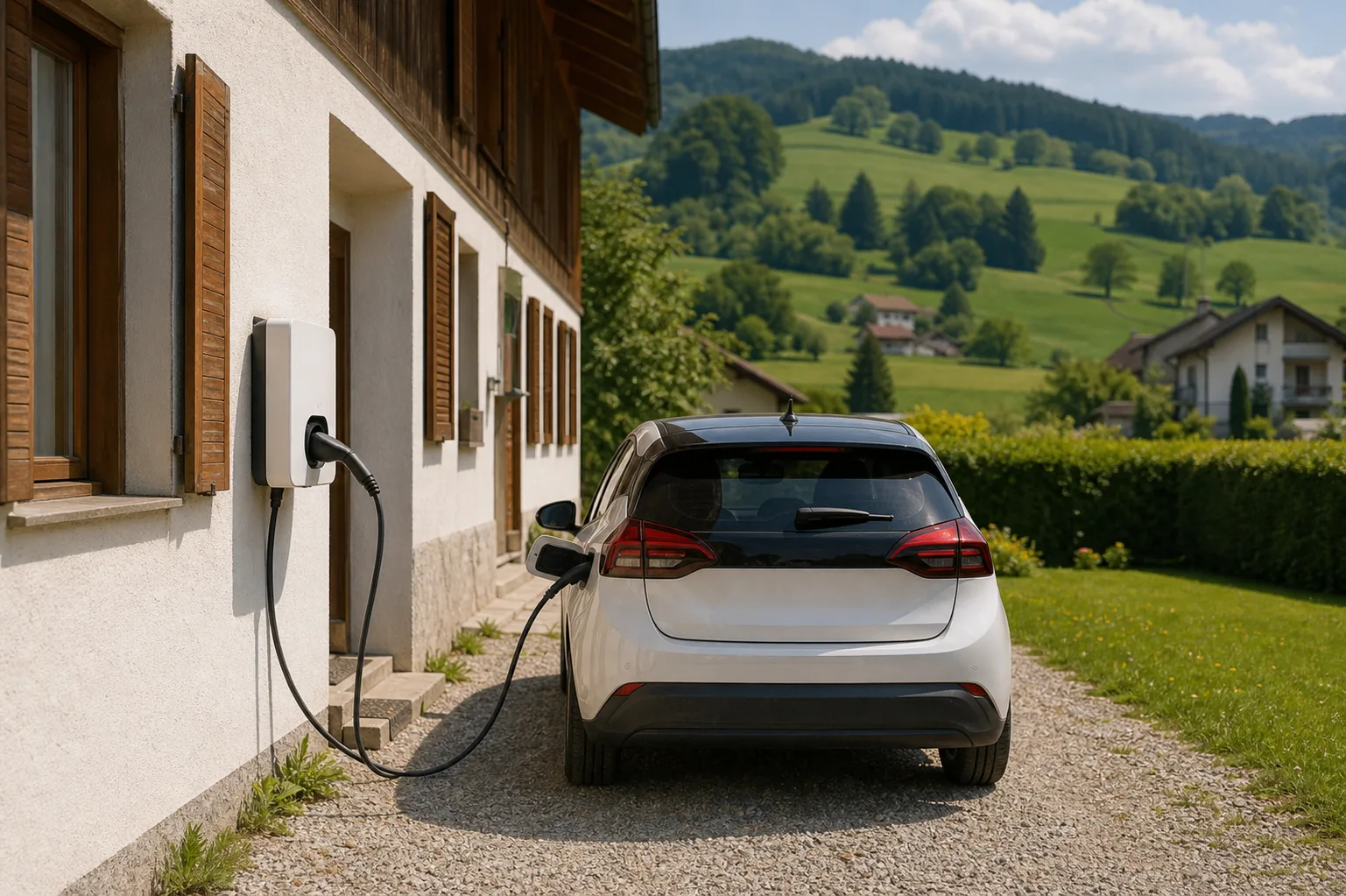 Wallbox an der Hauswand eines Einfamilienhauses, mit Ladekabel verbunden zu einem kompakten Elektroauto auf der Einfahrt.