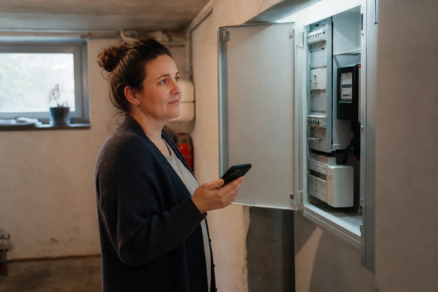 Frau steht mit Smartphone in der Hand vor dem geöffneten Zählerschrank in einem Keller und liest den Stromzähler ab.
