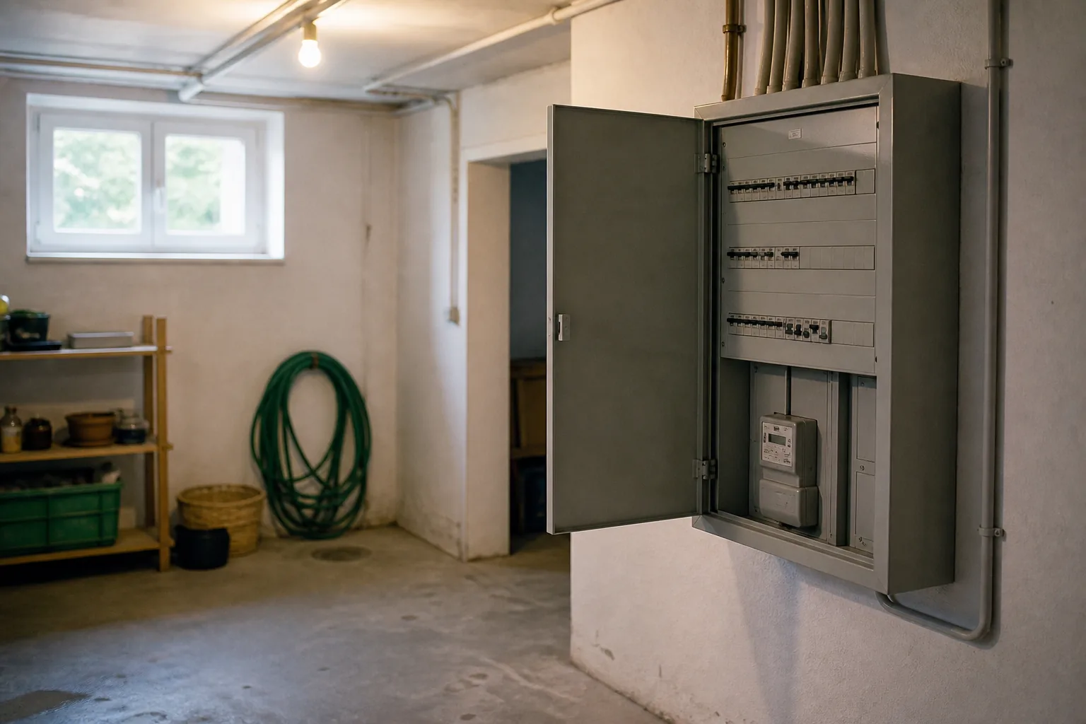 Geöffneter Zählerschrank an der Wand eines Kellerraums, mit Reihen von Sicherungsautomaten und einem Stromzähler.